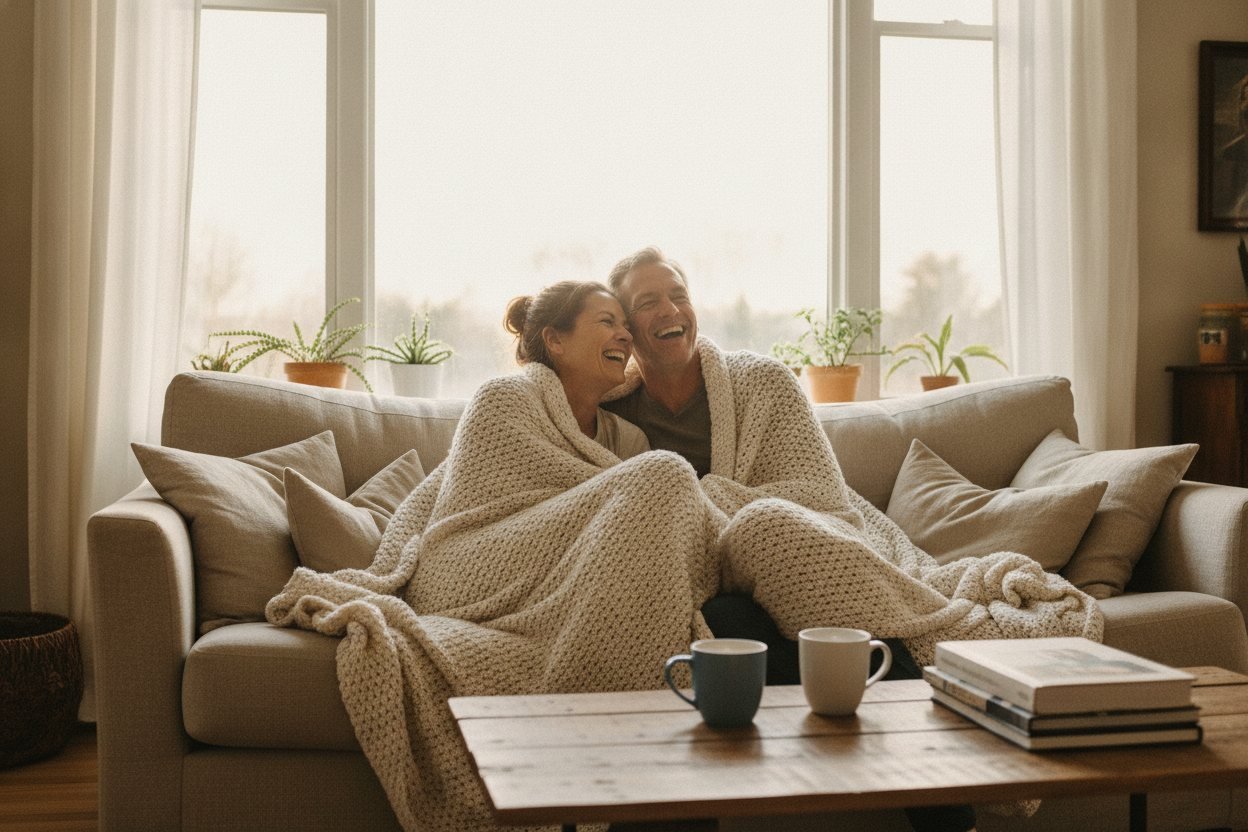 A couple laughing together on the sofa