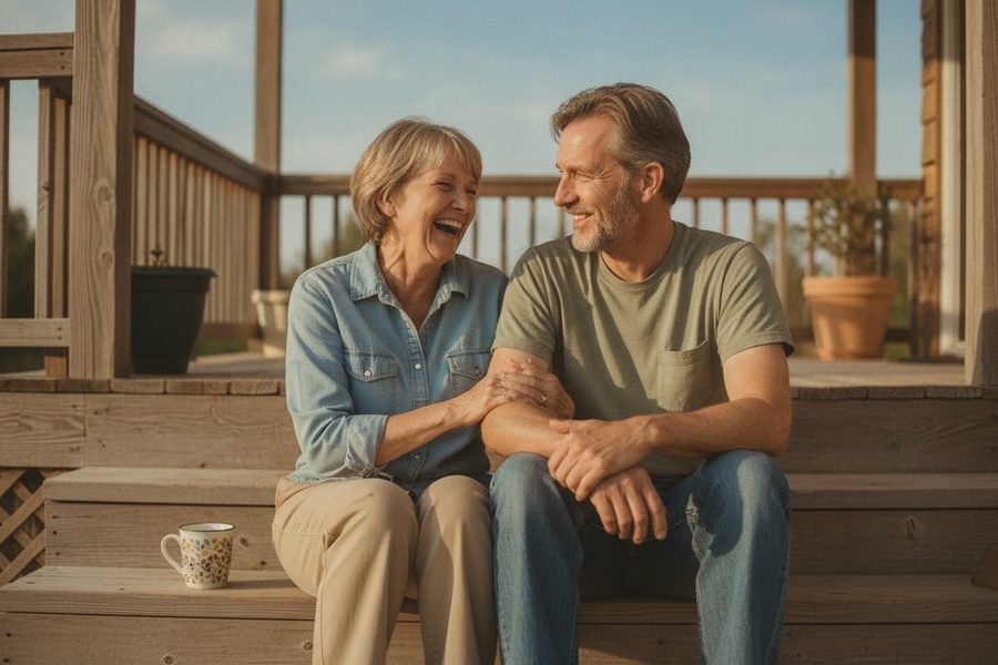 A mature couple laughing together on porch steps